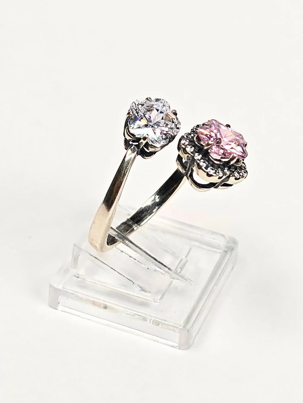 925 Sterling Silver Adjust 7-8 Dual Flower Ring Pink & Clear CZ Open Band Floral